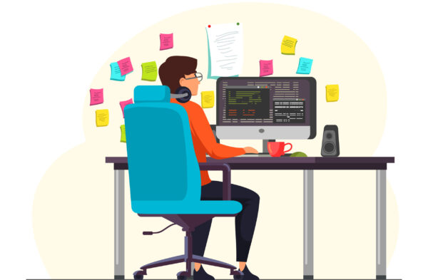 Male programmer working at computer in office, wall with hanging reminder stickers. Developer creating new software, interface, coding and programming, system administrator or designer character