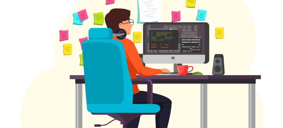 Male programmer working at computer in office, wall with hanging reminder stickers. Developer creating new software, interface, coding and programming, system administrator or designer character